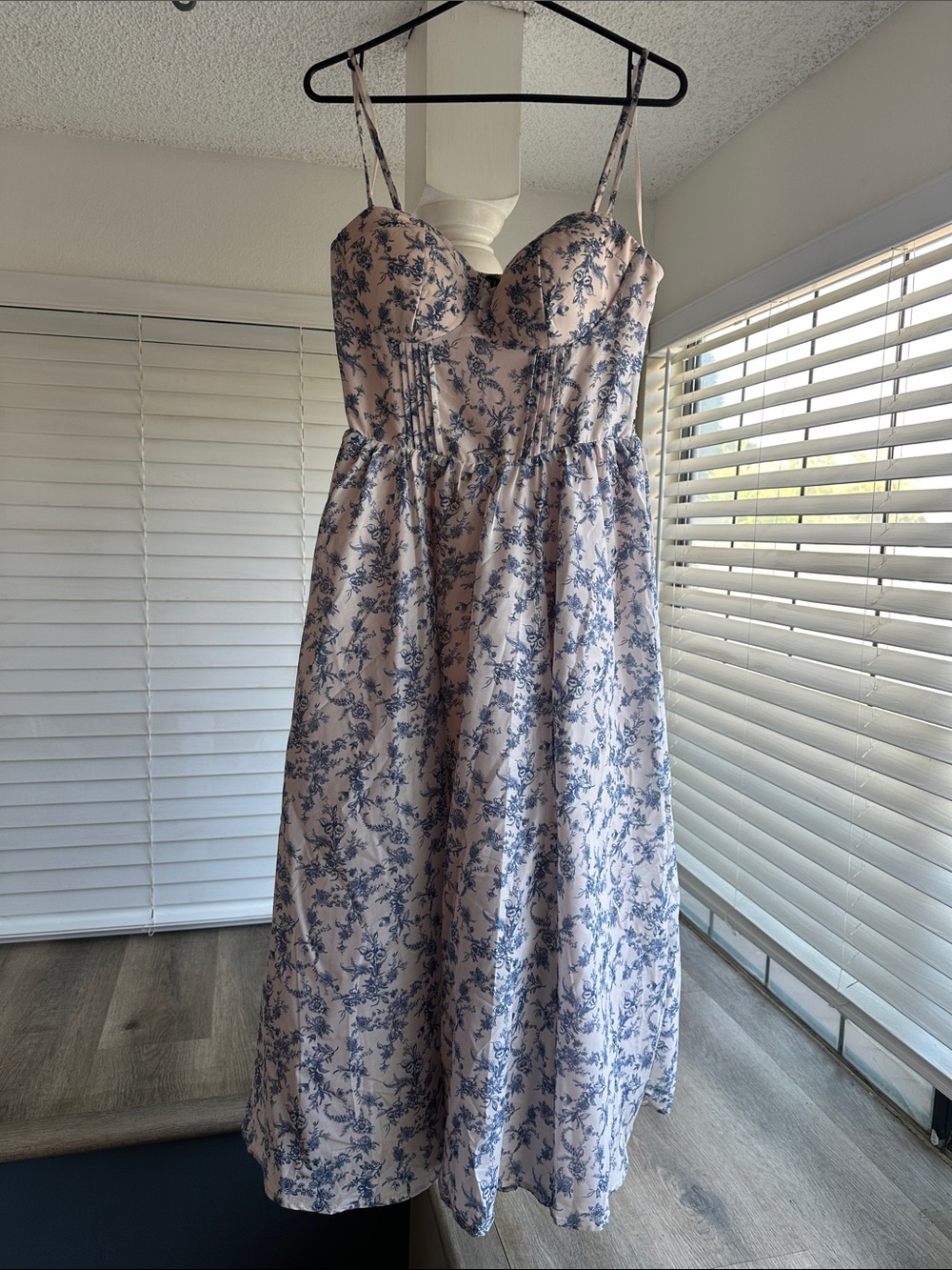 Blue Floral Spaghetti-Strap Midi Dress in Pale Pink